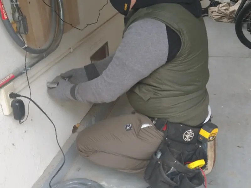 Electrician performing outlet wiring in a Loch Lomond garage